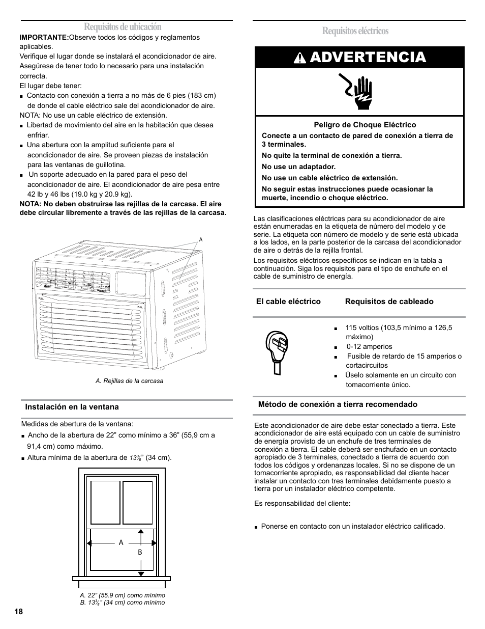 Advertencia, Requisitos de ubicación, Requisitos eléctricos | haier 0010518358 User Manual | Page 18 / 44