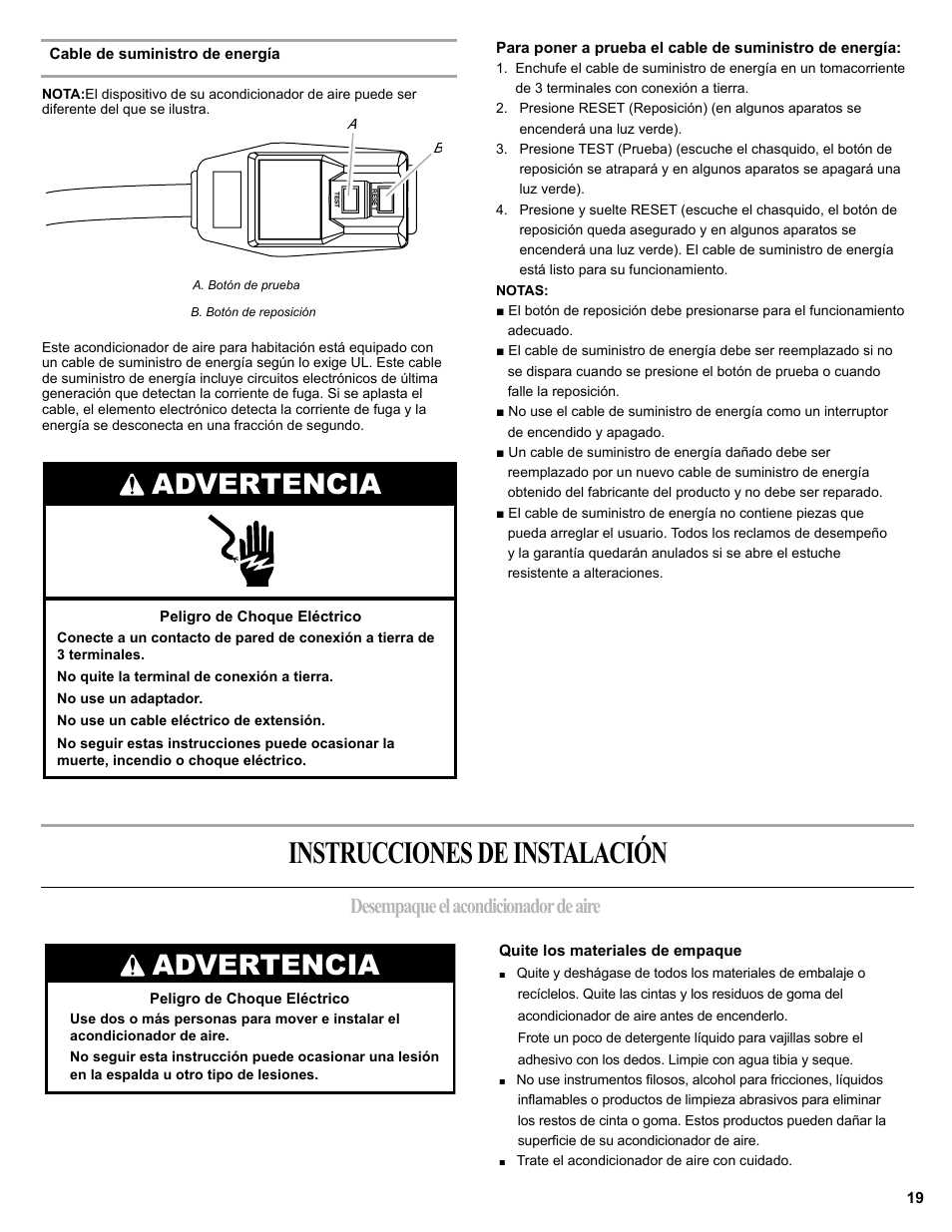 Instrucciones de instalación, Advertencia, Desempaque el acondicionador de aire | haier 0010518358 User Manual | Page 19 / 44