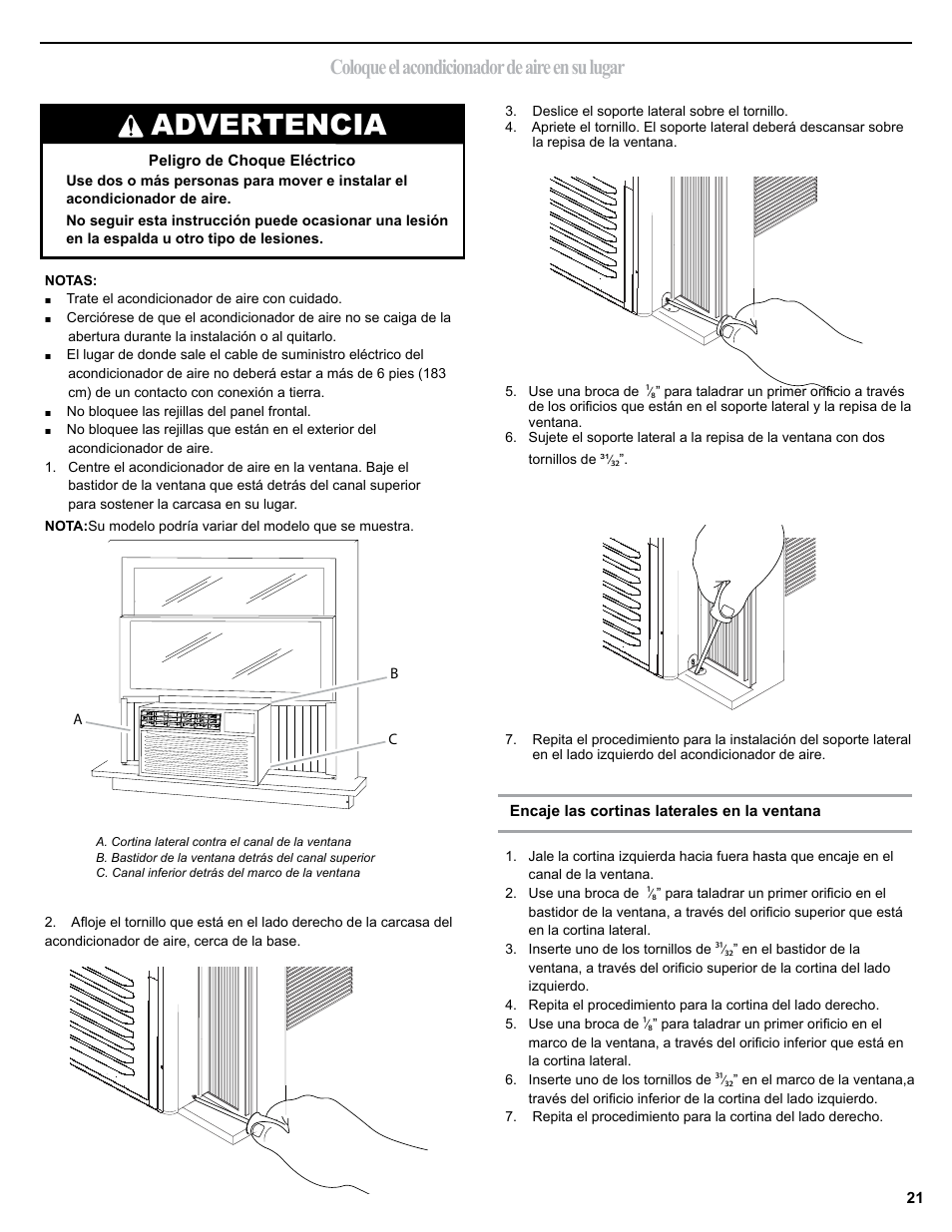 Advertencia, Coloque el acondicionador de aire en su lugar | haier 0010518358 User Manual | Page 21 / 44