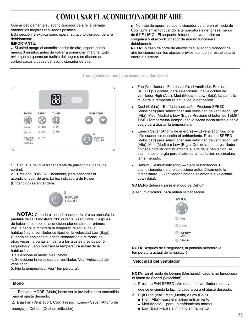 Cómo usar el acondicionador de aire, Cómo poner en marcha su acondicionador de aire, Nota | haier 0010518358 User Manual | Page 23 / 44
