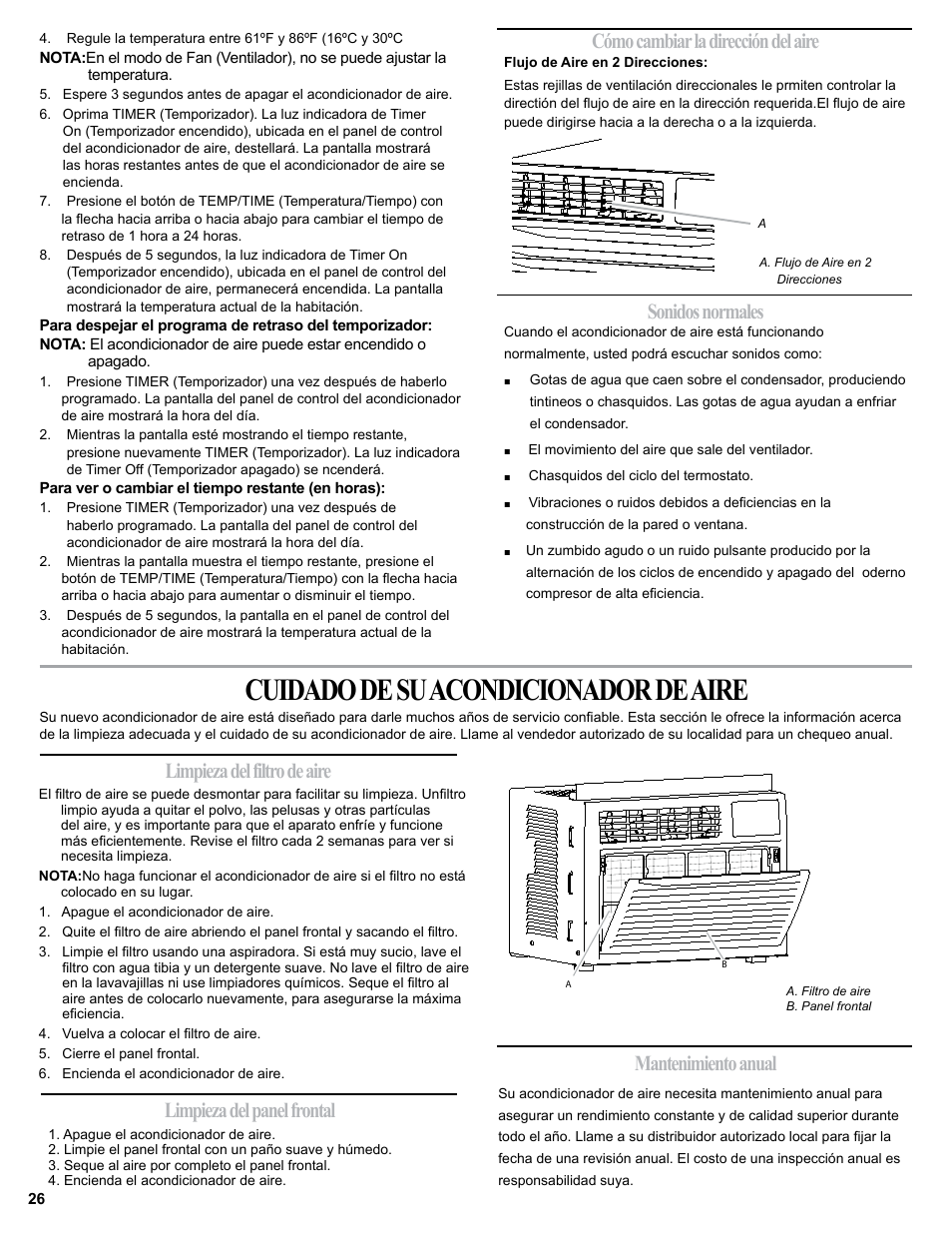 Cuidado de su acondicionador de aire, Cómo cambiar la dirección del aire | haier 0010518358 User Manual | Page 26 / 44