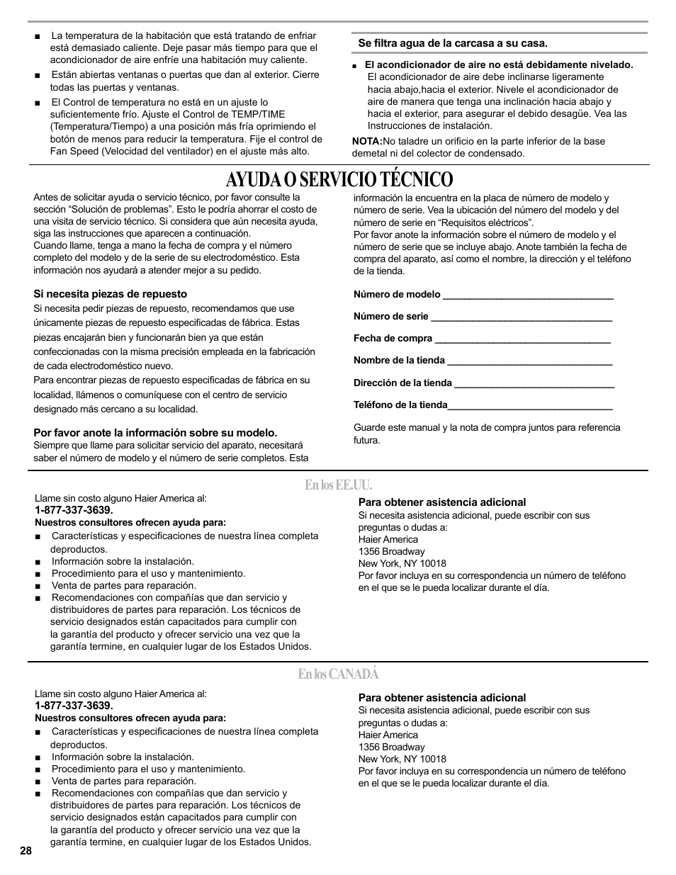 Ayuda o servicio técnico, En los ee.uu. en los canadá | haier 0010518358 User Manual | Page 28 / 44