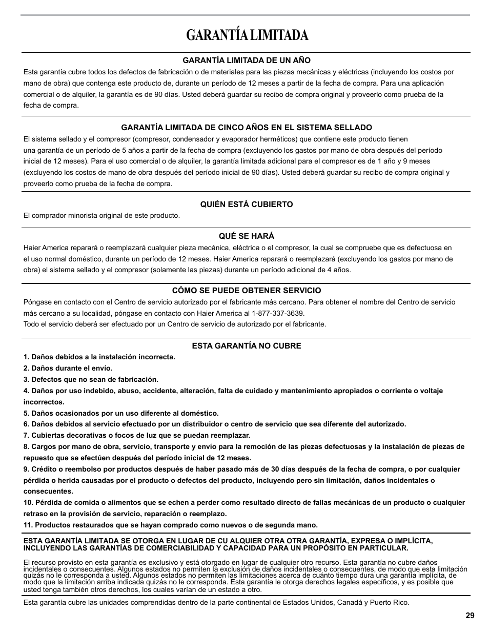 Garantía limitada | haier 0010518358 User Manual | Page 29 / 44