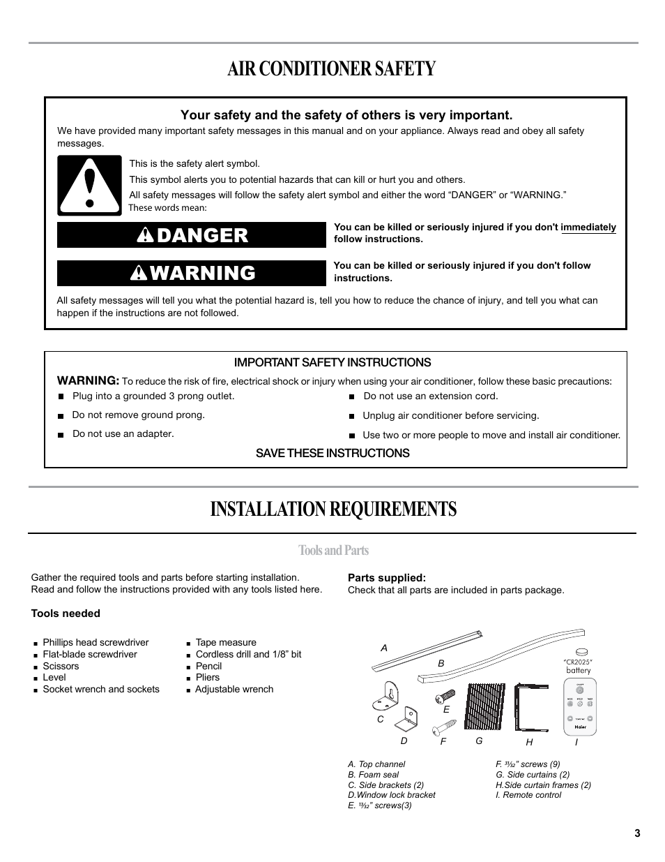 Air conditioner safety installation requirements, Danger warning, Tools and parts | haier 0010518358 User Manual | Page 3 / 44