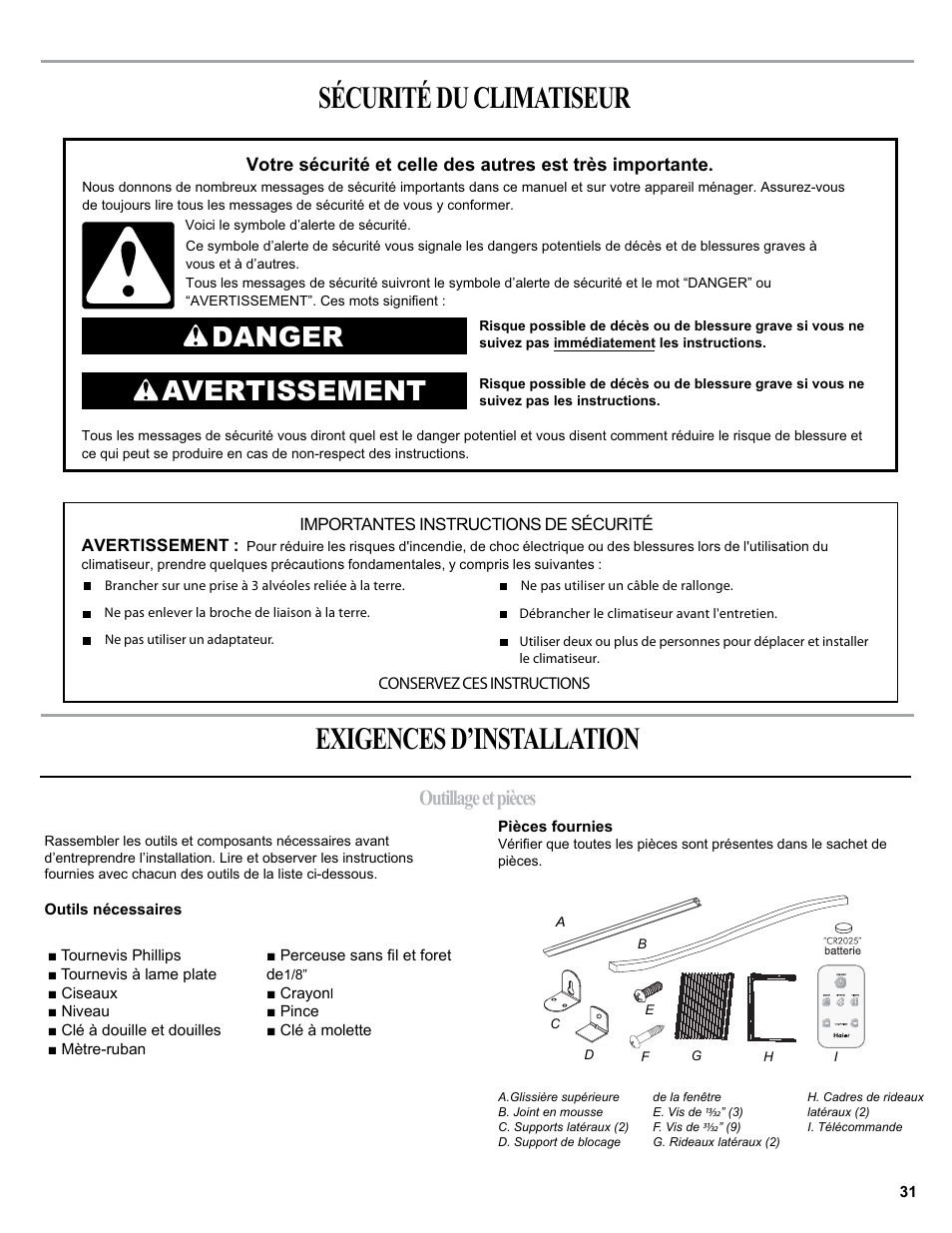 Sécurité du climatiseur exigences d’installation, Danger avertissement, Outillage et pièces | haier 0010518358 User Manual | Page 31 / 44