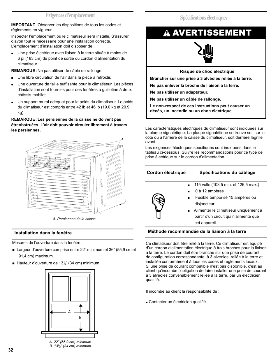 Avertissement, Exigences d’emplacement, Spécifications électriques | haier 0010518358 User Manual | Page 32 / 44