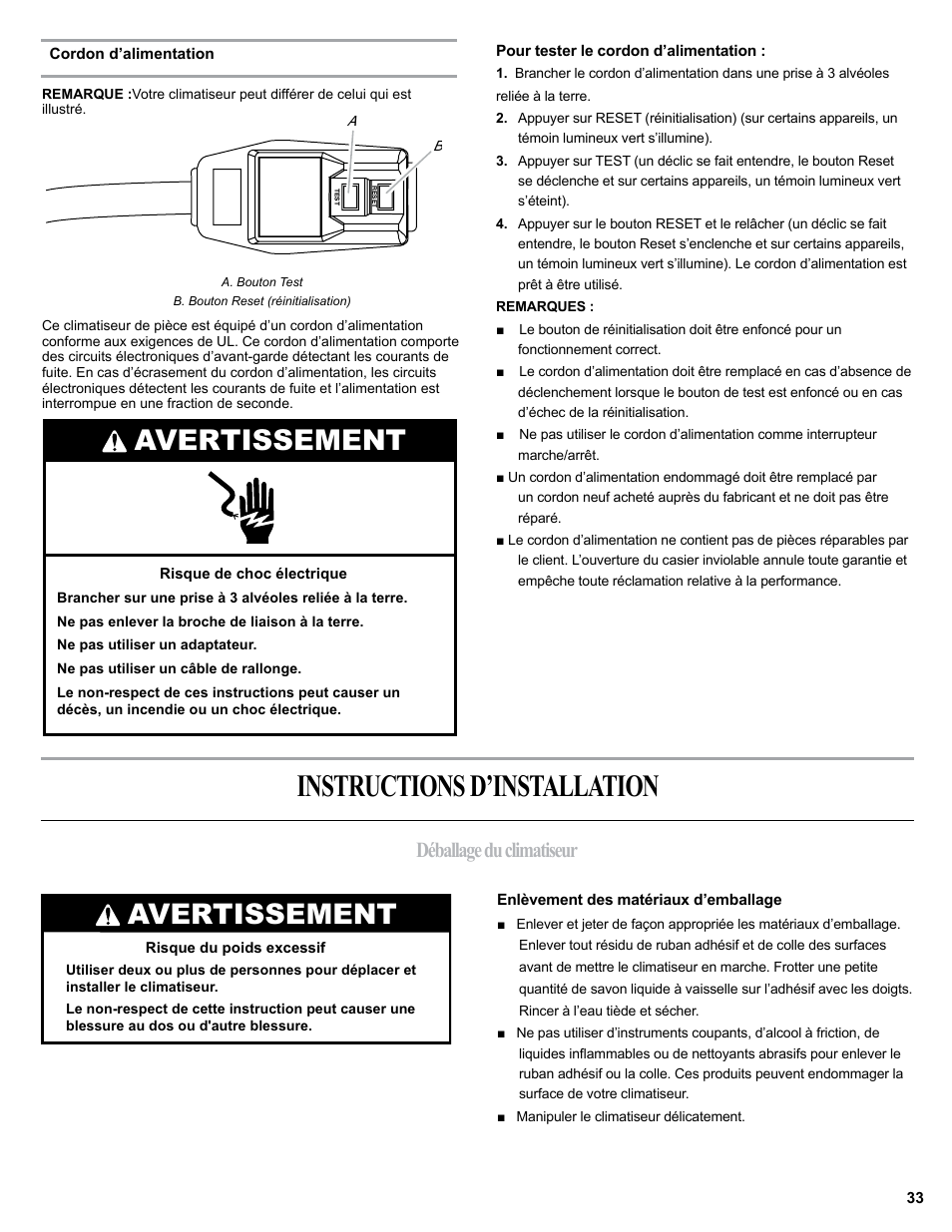 Instructions d’installation, Avertissement, Déballage du climatiseur | haier 0010518358 User Manual | Page 33 / 44