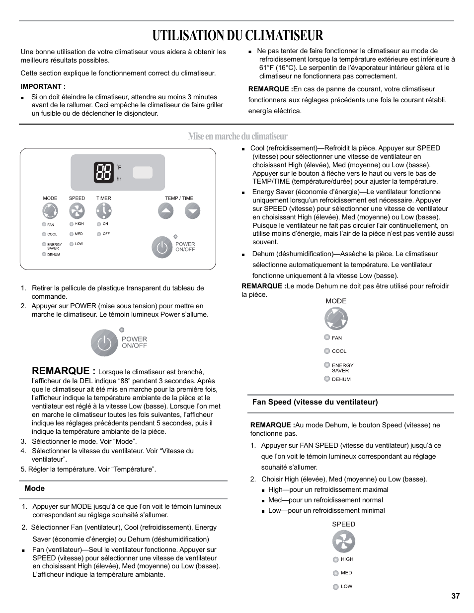 Utilisation du climatiseur, Mise en marche du climatiseur, Remarque | haier 0010518358 User Manual | Page 37 / 44