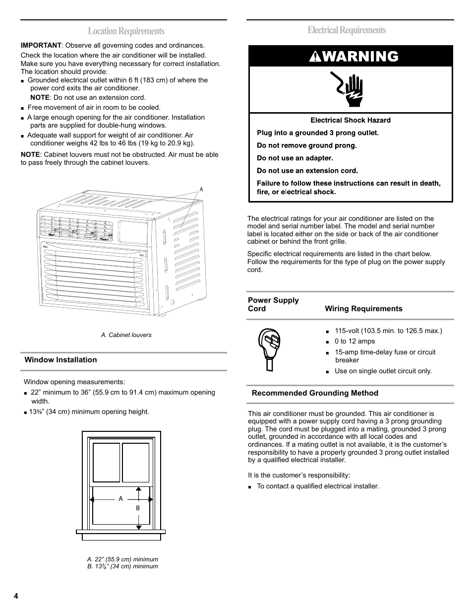 Location requirements, Electrical requirements | haier 0010518358 User Manual | Page 4 / 44