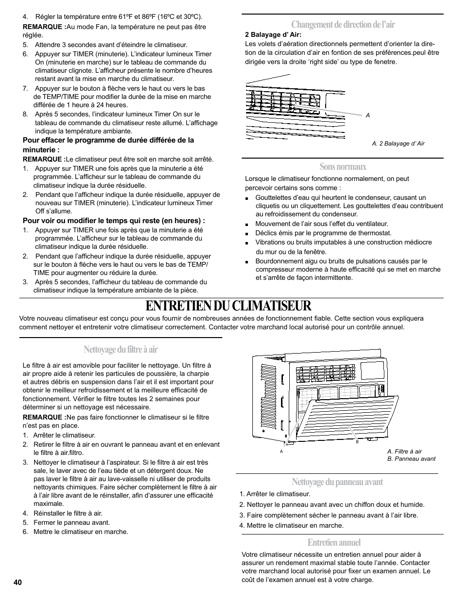 Entretien du climatiseur, Changement de direction de l’air, Entretien annuel | haier 0010518358 User Manual | Page 40 / 44
