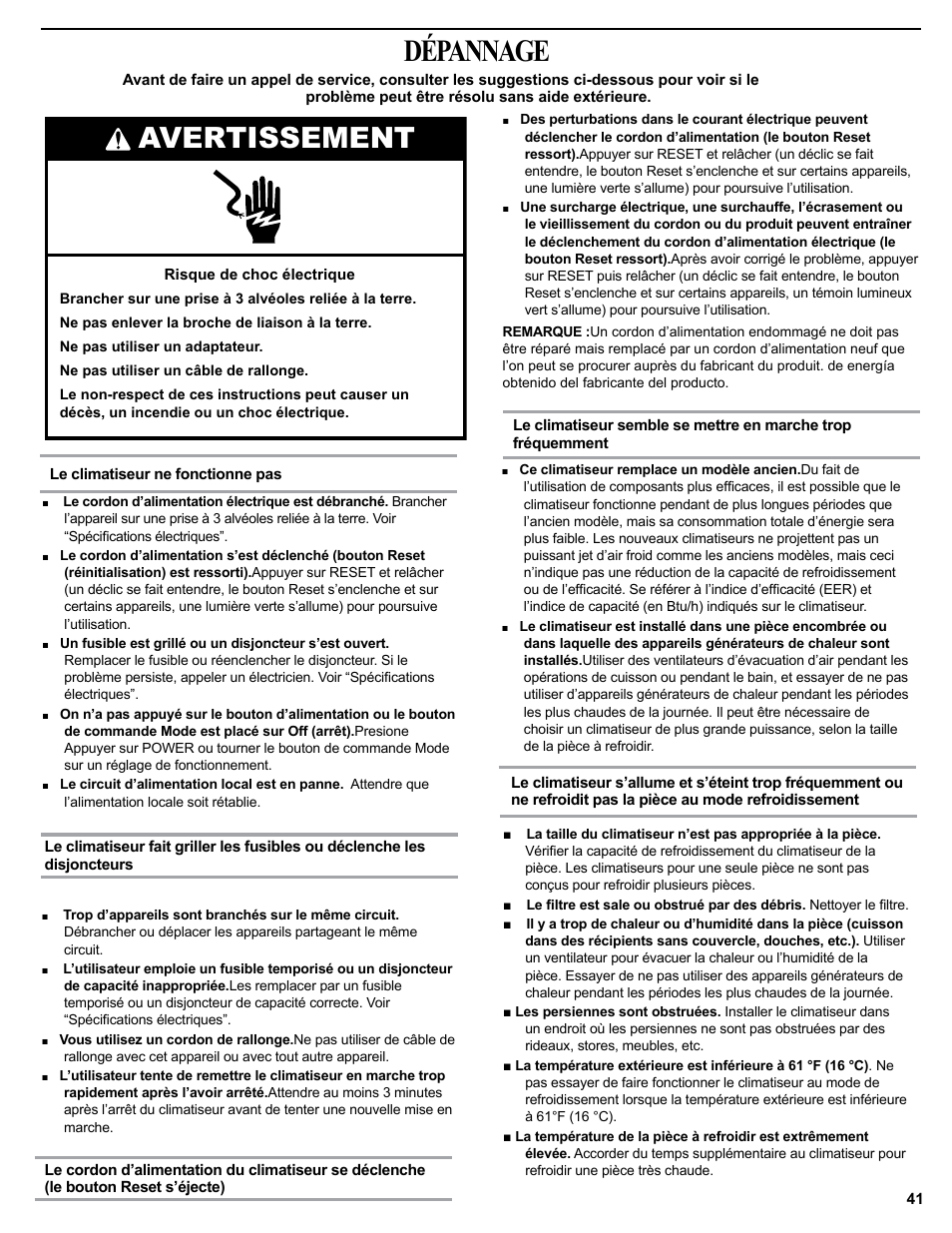 Dépannage, Avertissement | haier 0010518358 User Manual | Page 41 / 44