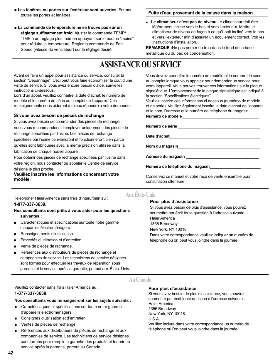 Assistance ou service, Aux états-unis au canada | haier 0010518358 User Manual | Page 42 / 44