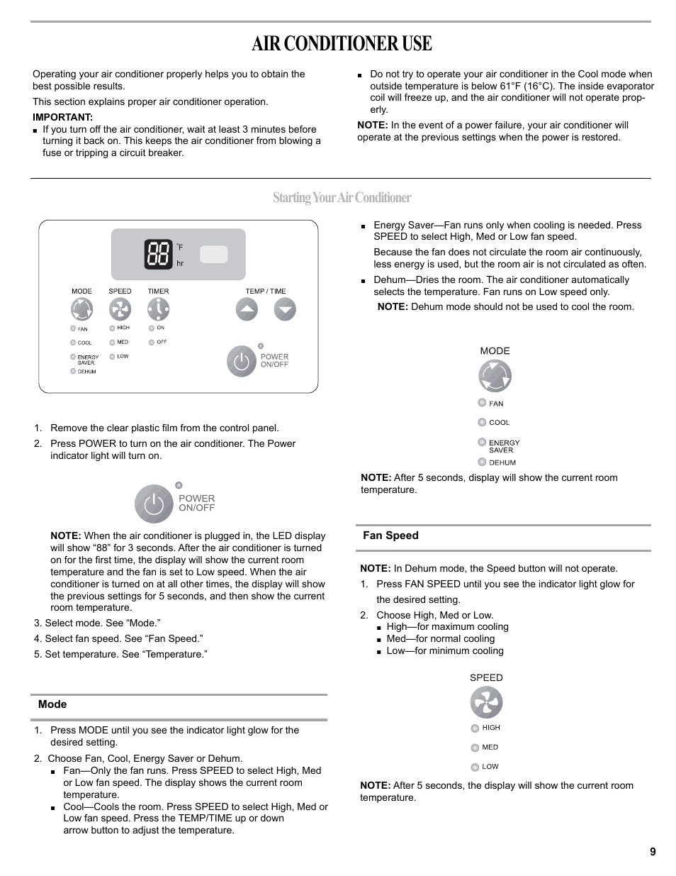 Air conditioner use, Starting your air conditioner | haier 0010518358 User Manual | Page 9 / 44