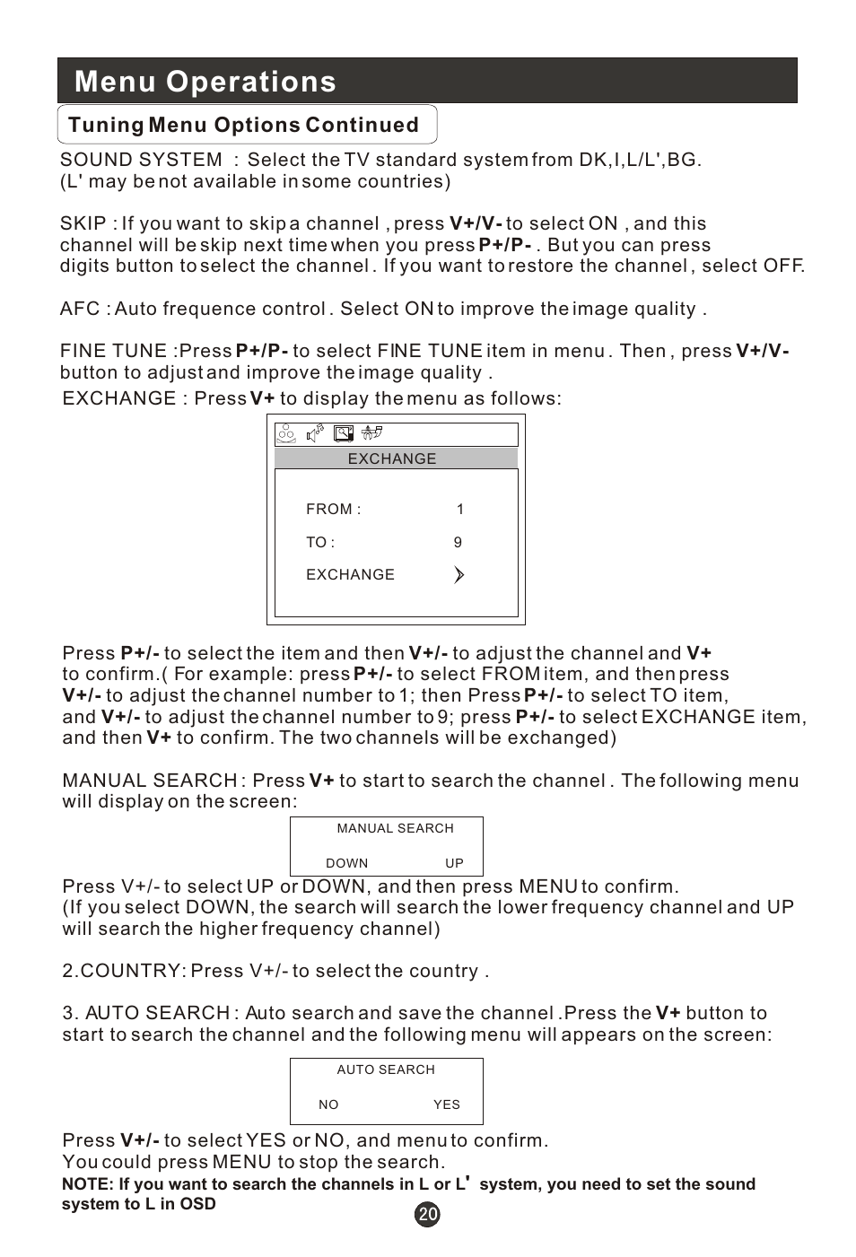 Т³гж 22, Menu operations, Tuning menu options continued | haier L15T11W-A User Manual | Page 22 / 43