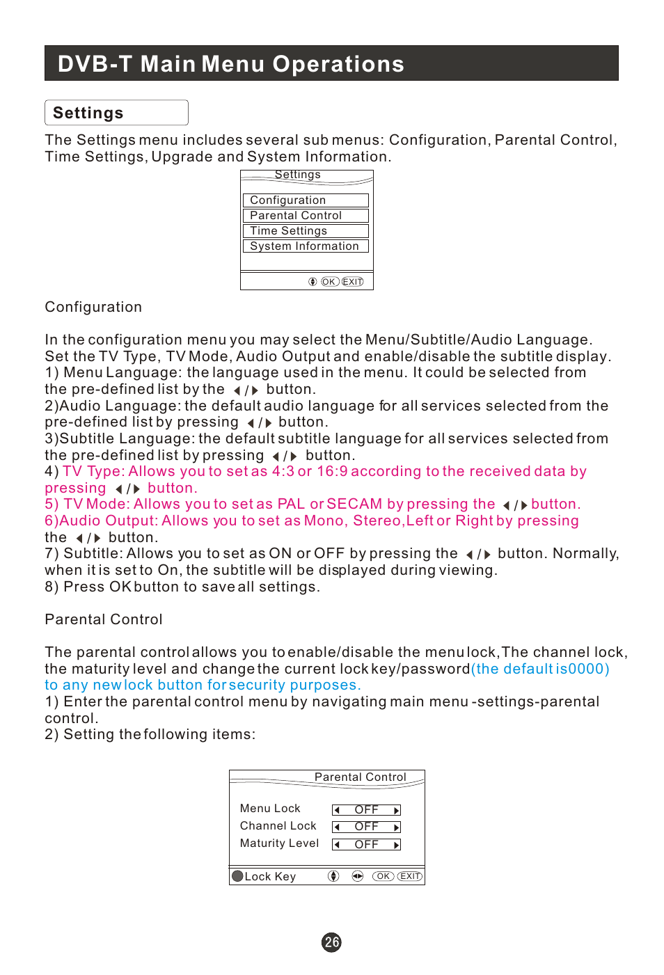Т³гж 28, Dvb-t main menu operations, Settings | haier L15T11W-A User Manual | Page 28 / 43