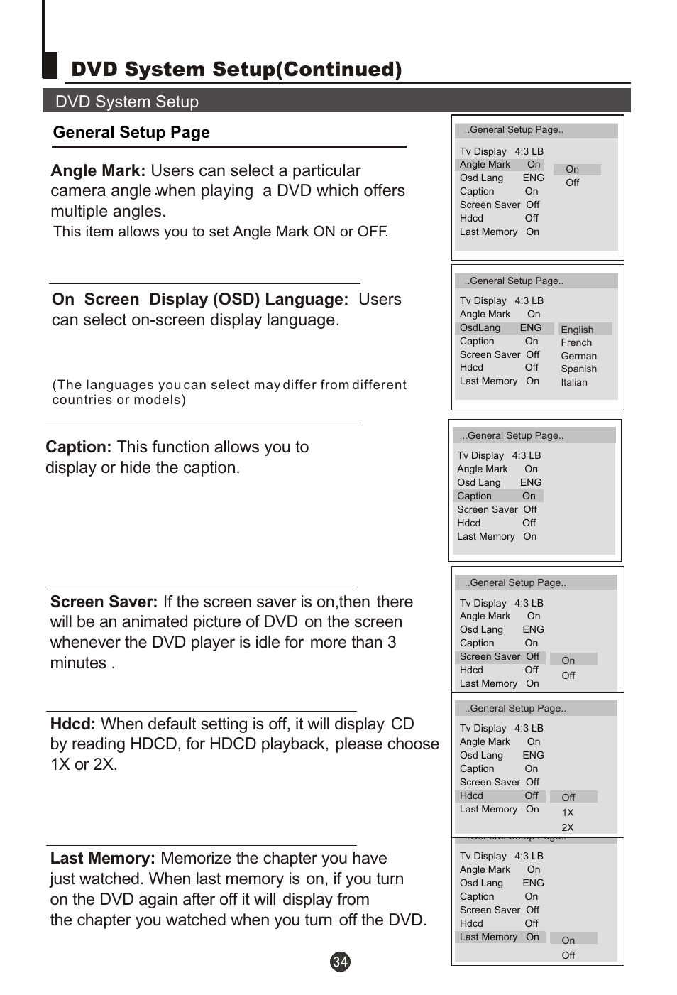 Т³гж 36, Dvd system setup(continued), This item allows you to set angle mark on or off | haier L15T11W-A User Manual | Page 36 / 43