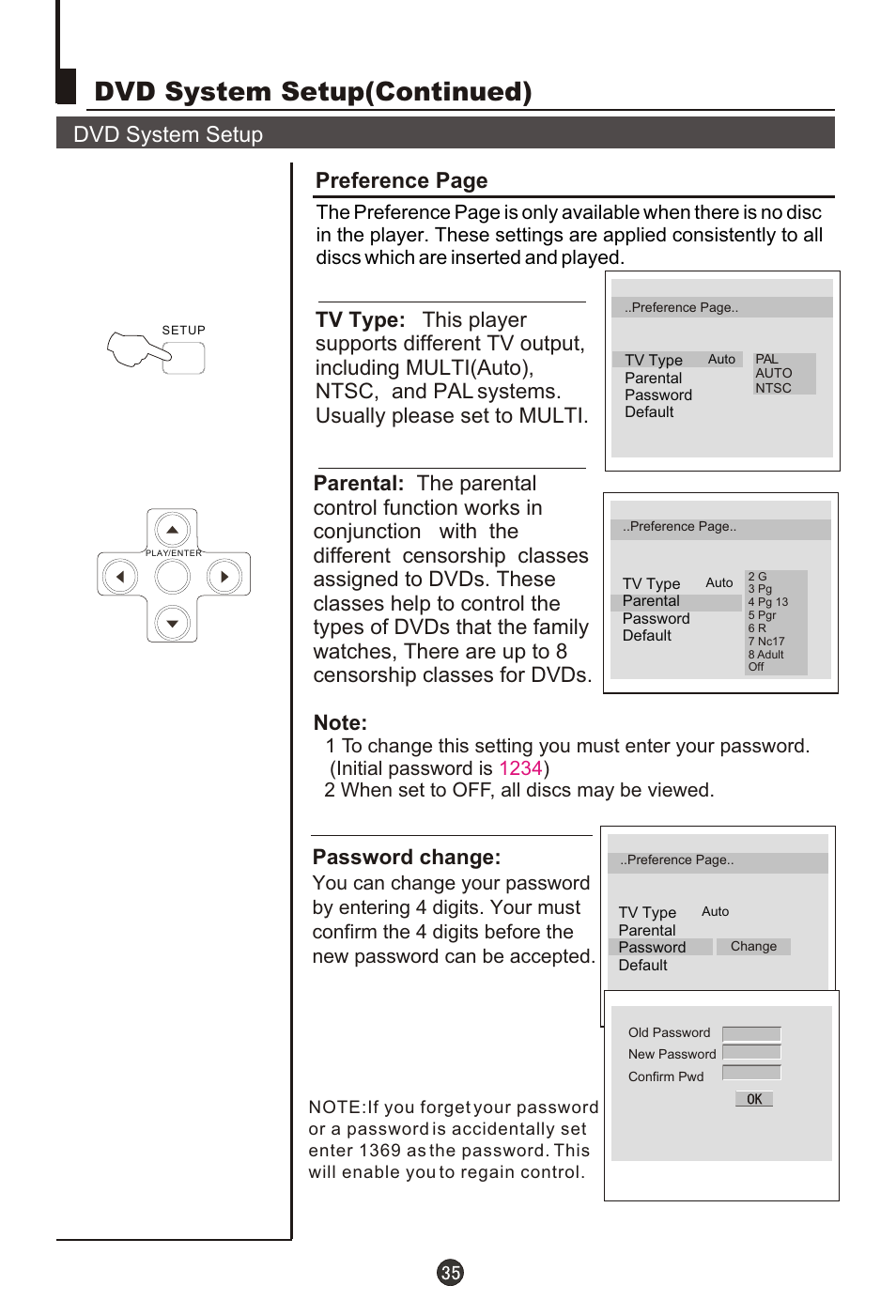 Т³гж 37, Dvd system setup(continued), Dvd system setup | Preference page, Password change | haier L15T11W-A User Manual | Page 37 / 43