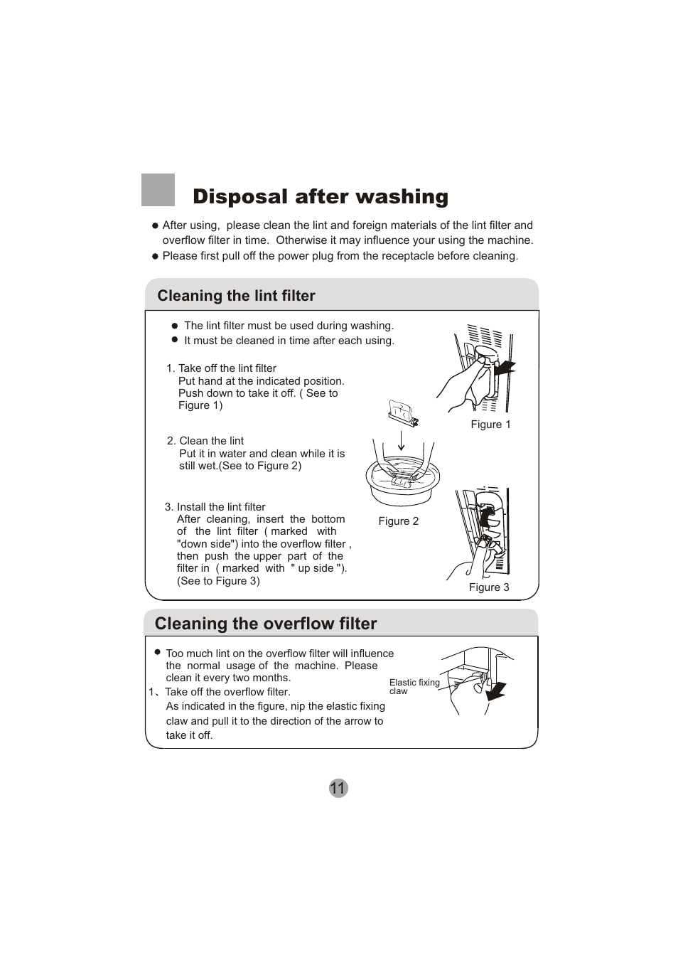Disposal after washing, Cleaning the overflow filter, Cleaning the lint filter | haier HWM60-0713S User Manual | Page 13 / 18