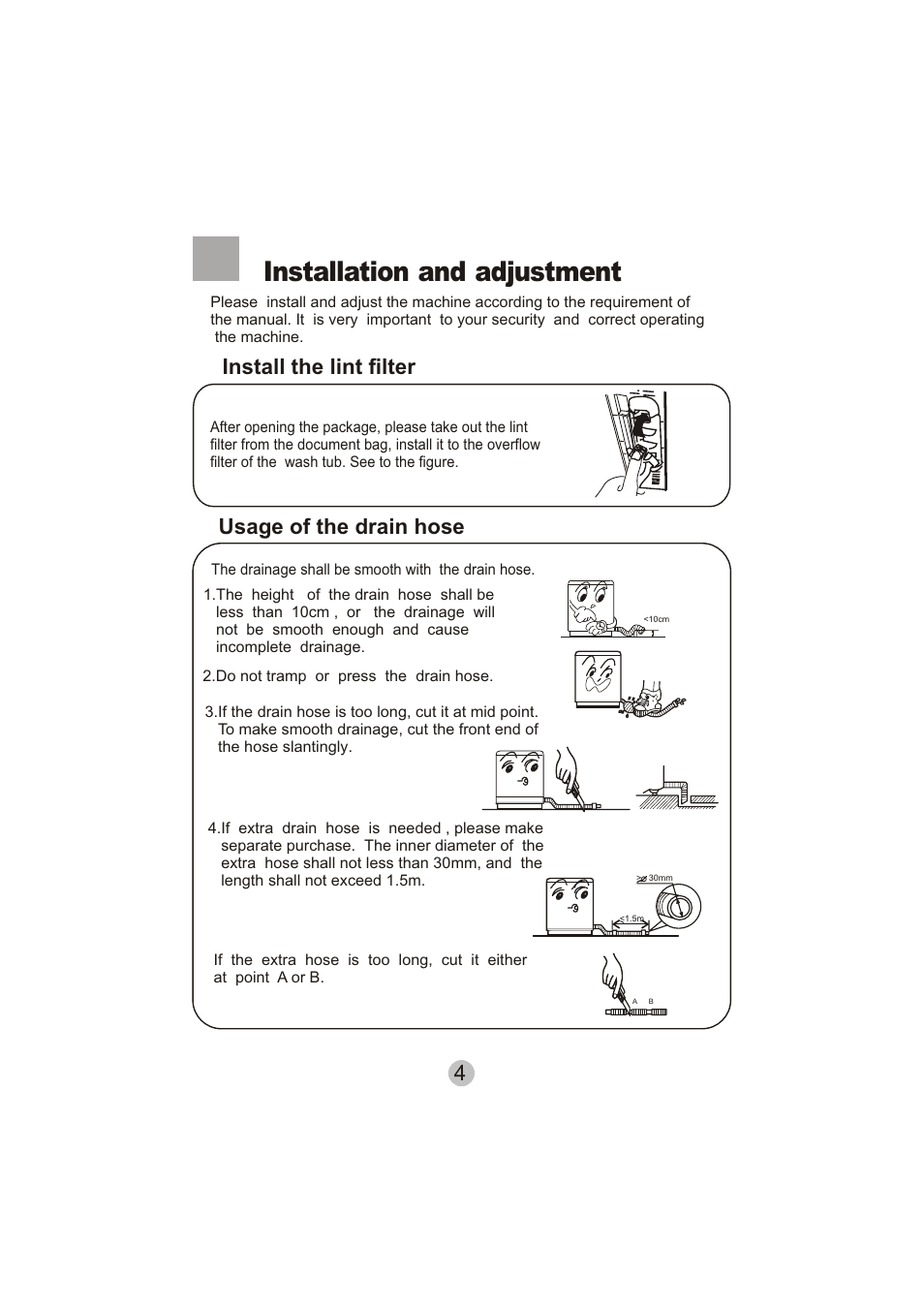 Installation and adjustment, Install the lint filter, 4usage of the drain hose | haier HWM60-0713S User Manual | Page 6 / 18