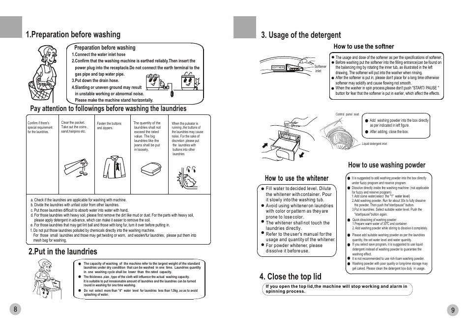 Close the top lid, Put in the laundries, Usage of the detergent | Preparation before washing, How to use washing powder, How to use the softner | haier HWM75-0528 A User Manual | Page 10 / 10