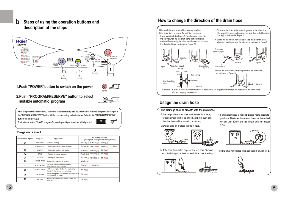 Usage the drain hose, How to change the direction of the drain hose, Time remained(minutes) reserve(hours later) | Program select | haier HWM75-0528 A User Manual | Page 7 / 10