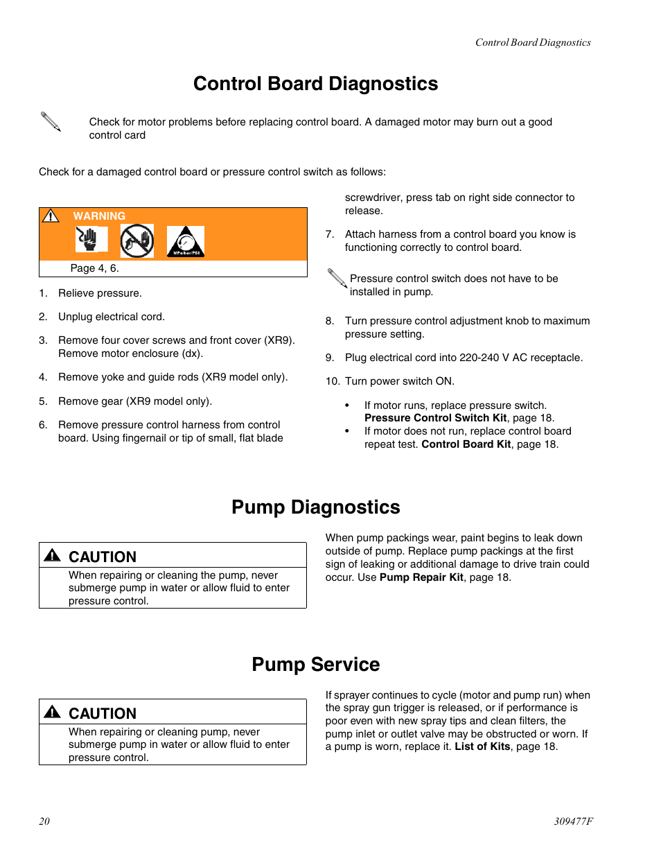 Control board diagnostics, Pump diagnostics, Pump service | E 20, Caution | haier MAGNUM 232738 User Manual | Page 20 / 30