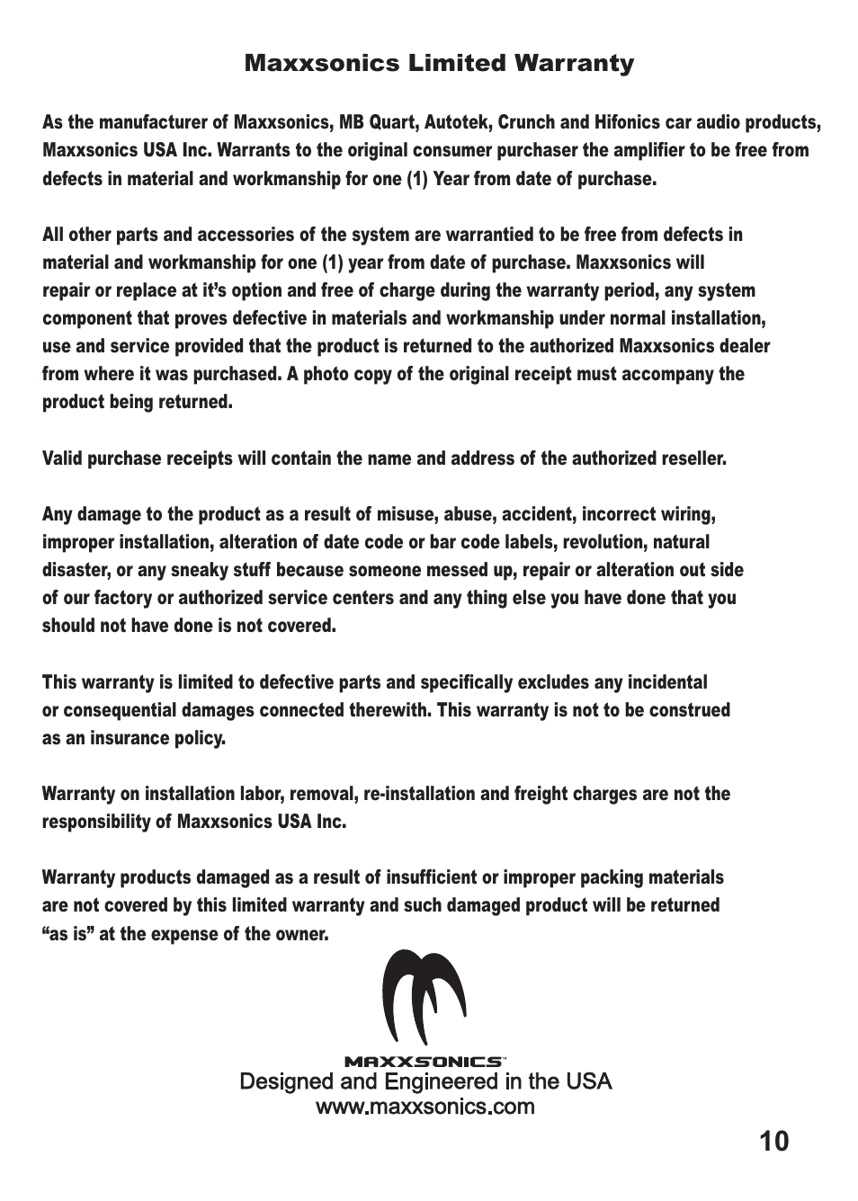 Maxxsonics limited warranty | Hifionics ZX12D2 User Manual | Page 11 / 12