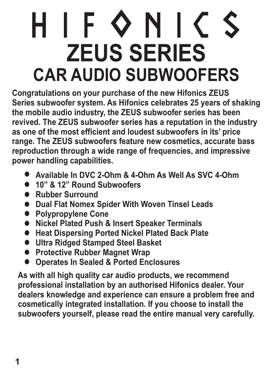 Zeus series, Car audio subwoofers | Hifionics ZX12D2 User Manual | Page 2 / 12