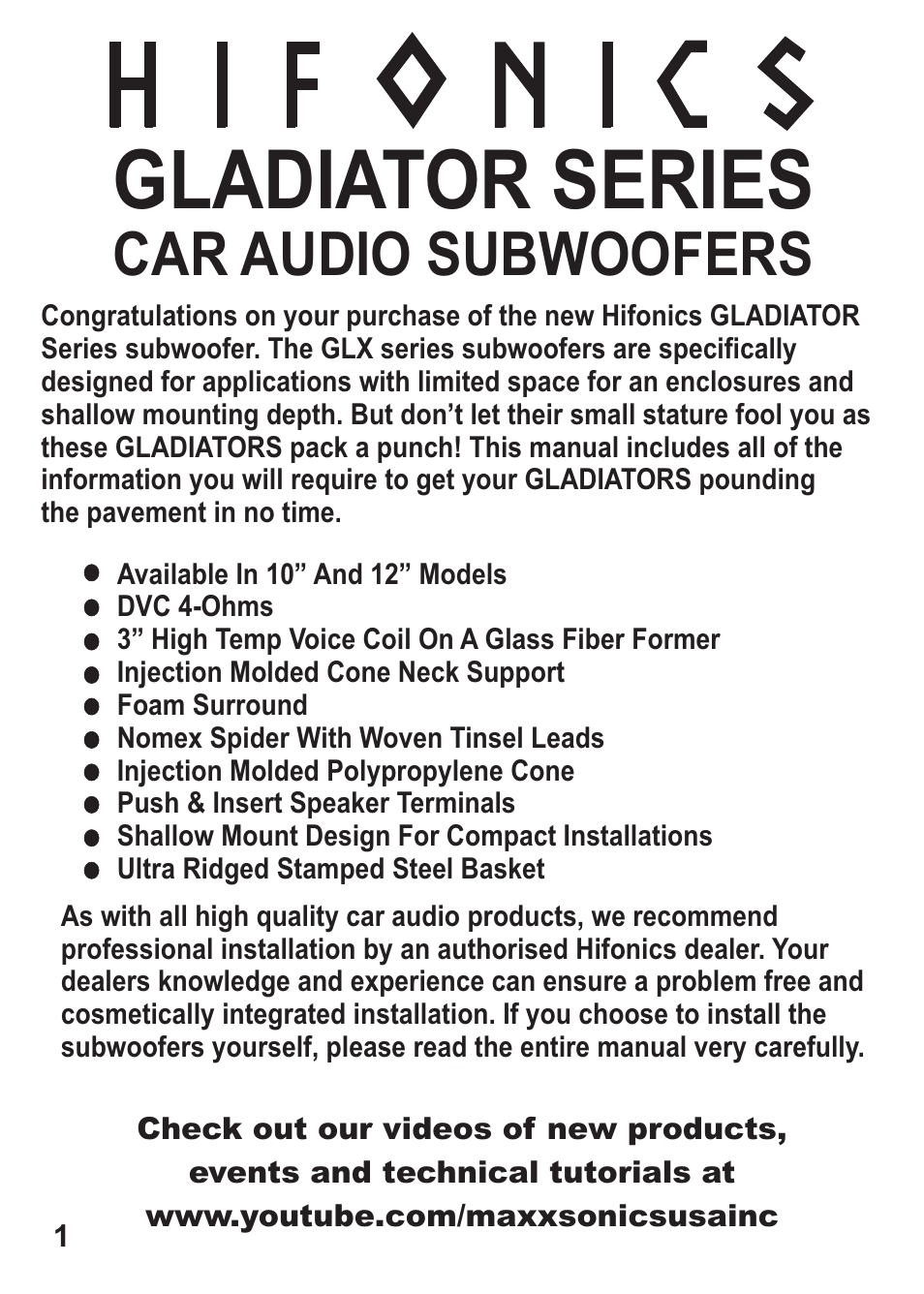 Gladiator series, Car audio subwoofers | Hifionics GLX12D4 User Manual | Page 2 / 9