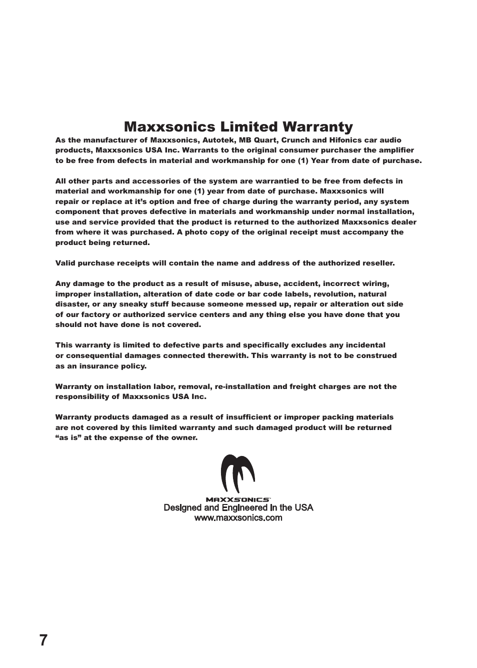 Maxxsonics limited warranty | Hifionics HFI69CX User Manual | Page 8 / 10