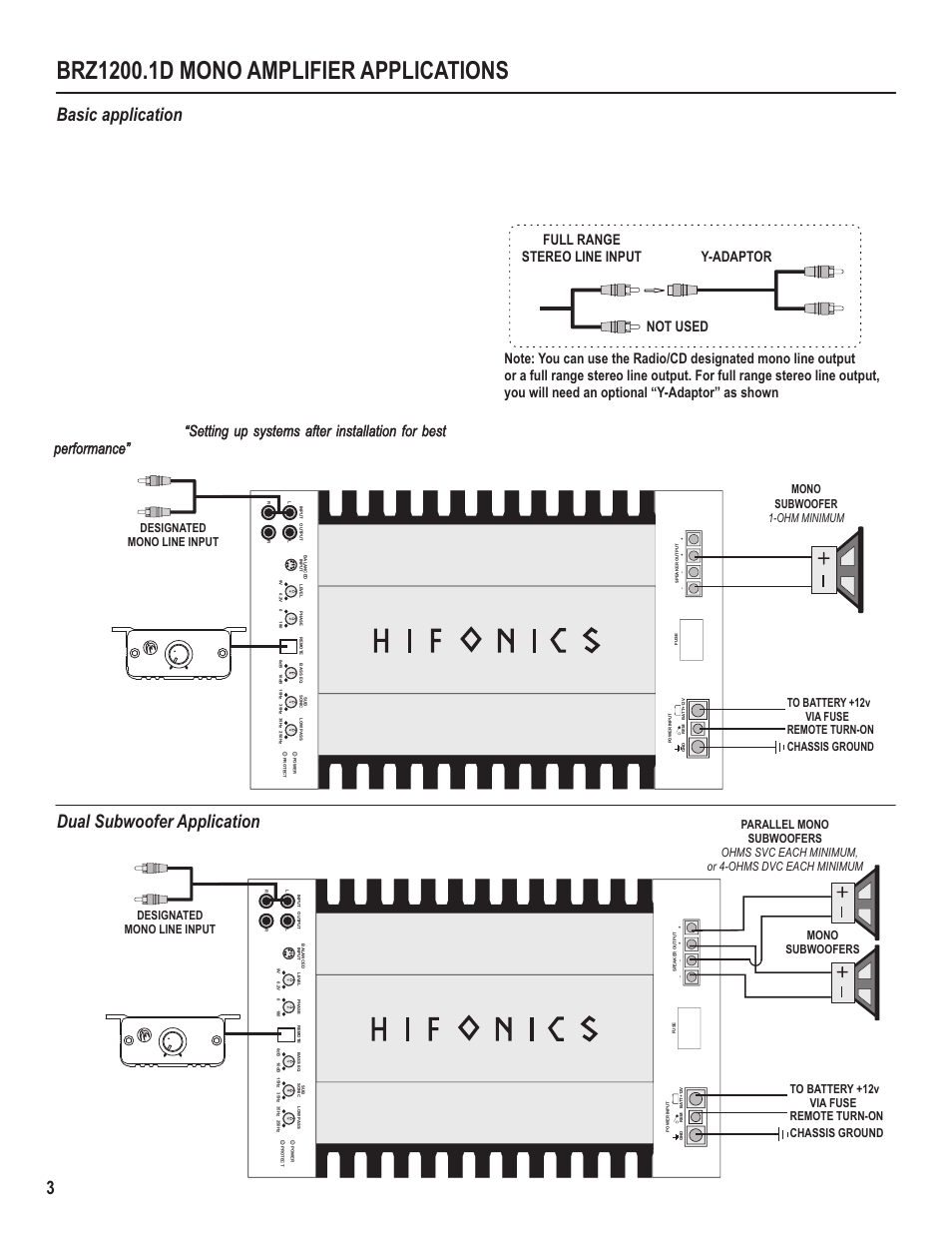 Basic application, Dual subwoofer application | Hifionics BRZ1200.1D User Manual | Page 5 / 14