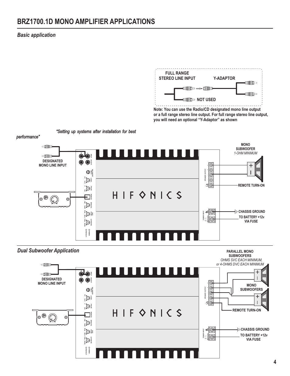 Basic application, Dual subwoofer application | Hifionics BRZ1200.1D User Manual | Page 6 / 14