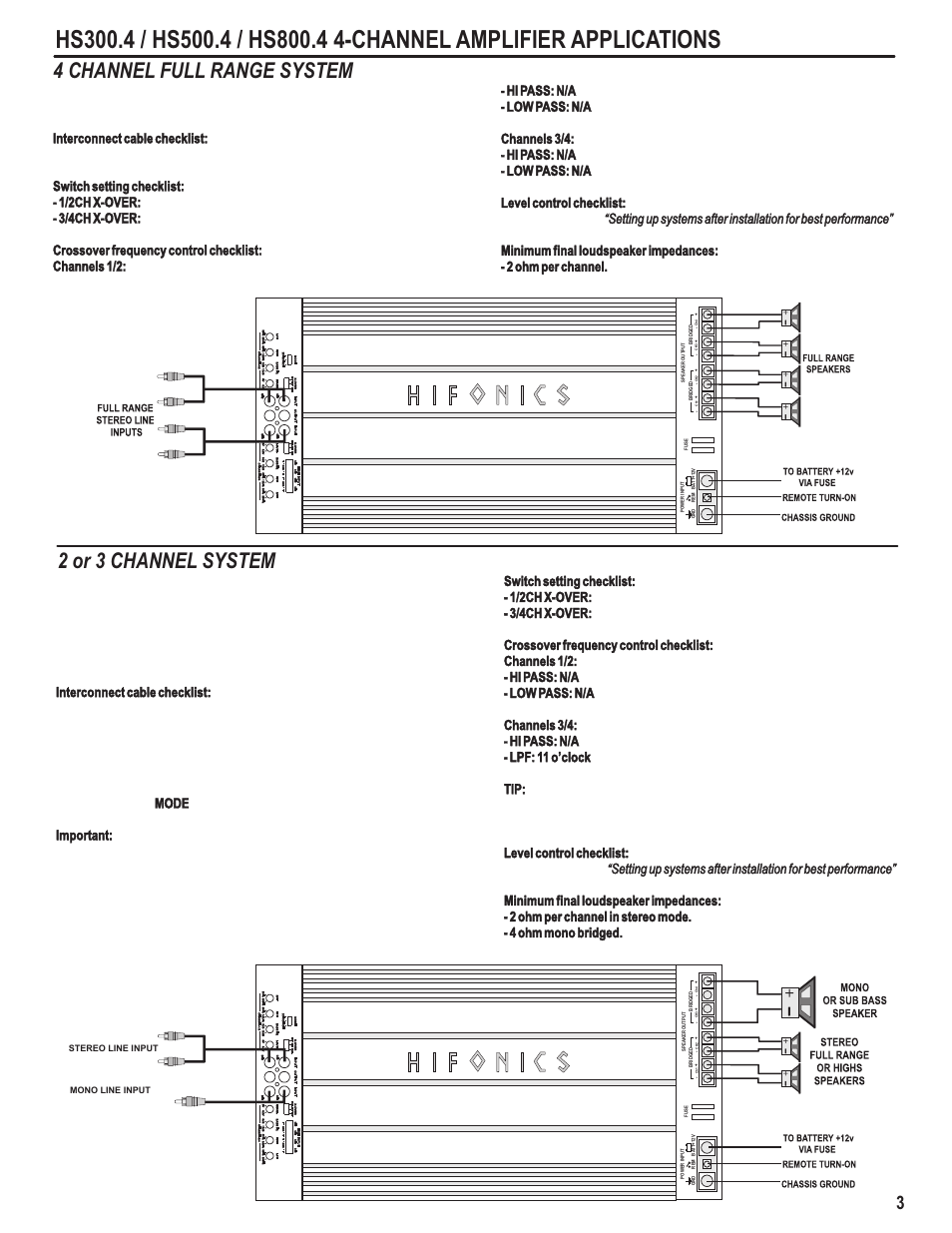 4 channel full range system 2 or 3 channel system | Hifionics HS800.4 User Manual | Page 5 / 13