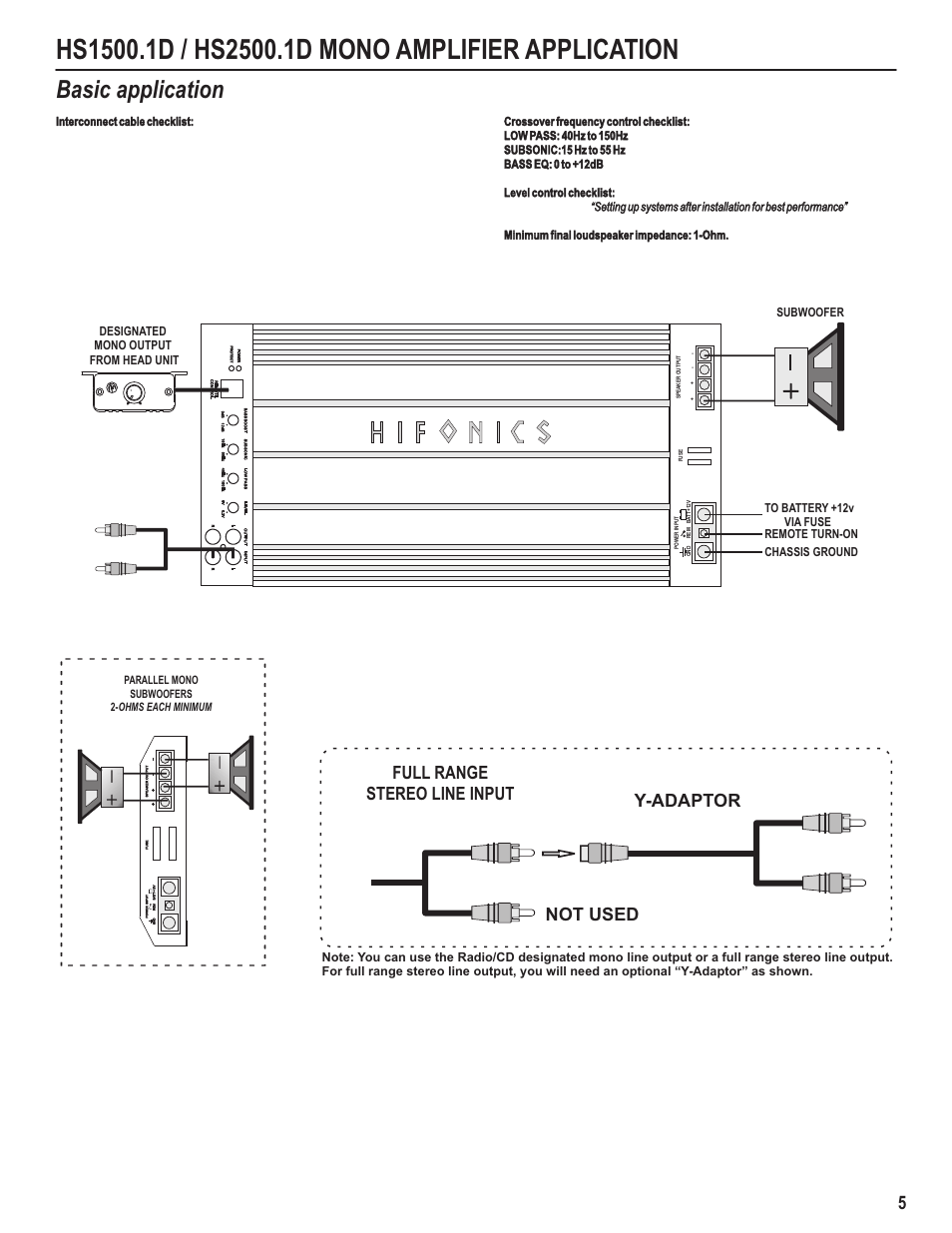 Basic application, Full range stereo line input not used y-adaptor | Hifionics HS800.4 User Manual | Page 7 / 13