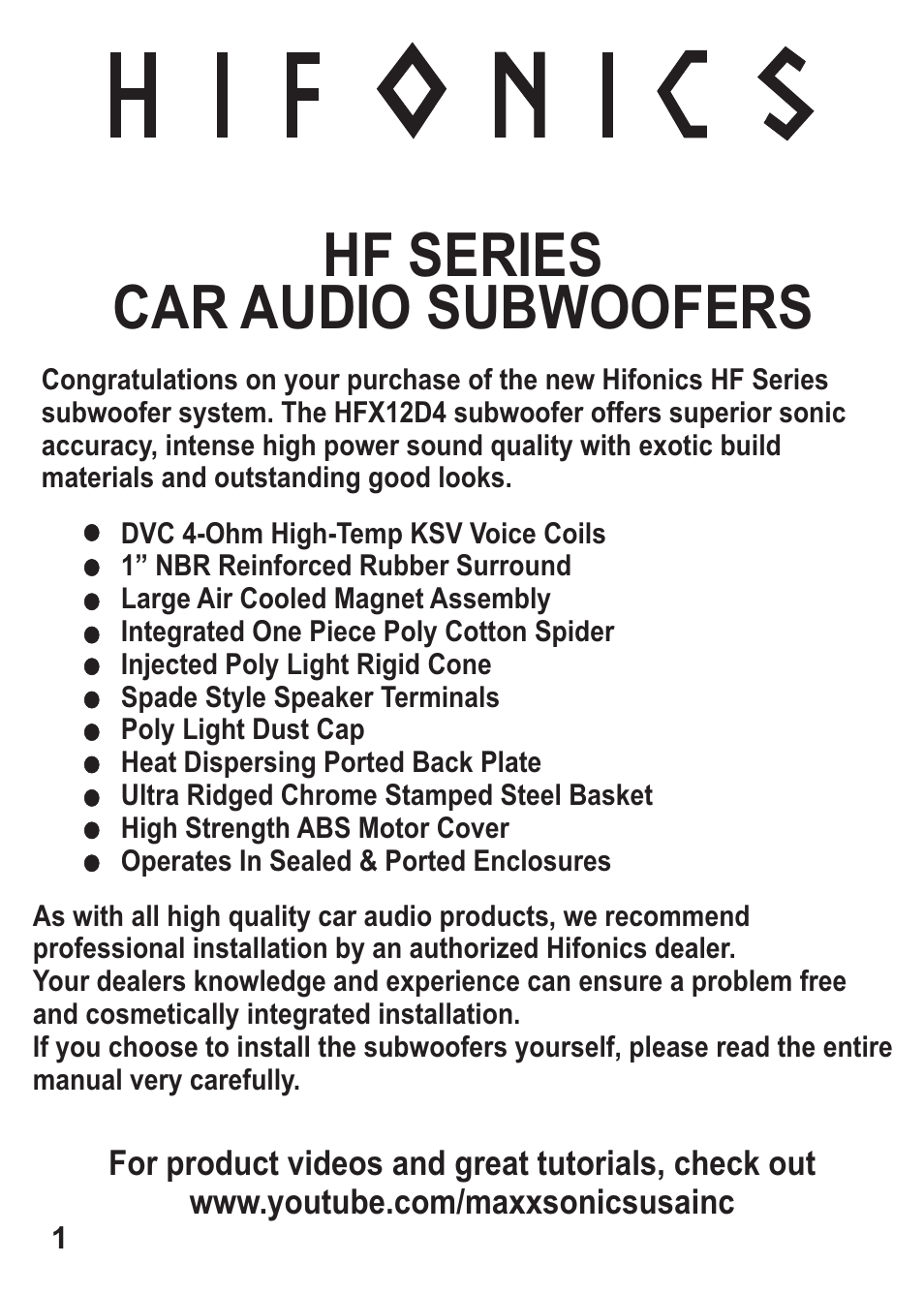 Hf series car audio subwoofers | Hifionics HFX12D4 User Manual | Page 2 / 9