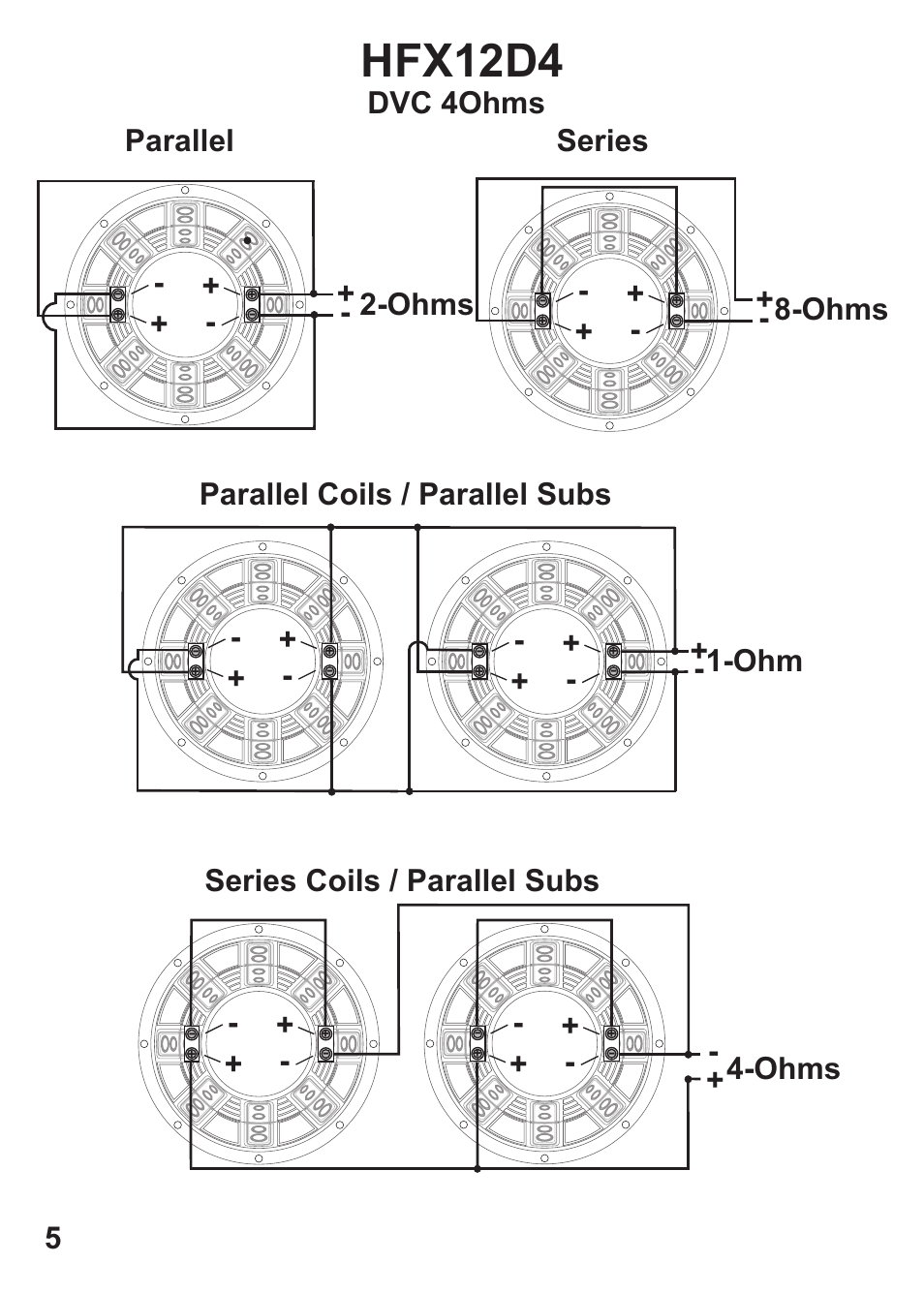 Hfx12d4, Dvc 4ohms, Parallel coils / parallel subs + -1-ohm | Ohms + - + - series, Ohms | Hifionics HFX12D4 User Manual | Page 6 / 9