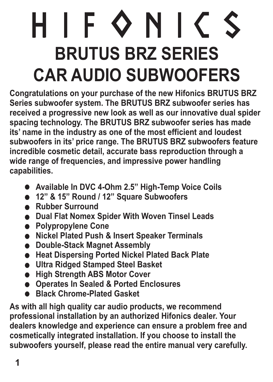 Brutus brz series car audio subwoofers | Hifionics BRZ12SQD4 User Manual | Page 2 / 10