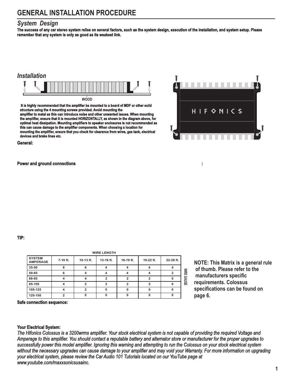General installation procedure, System design, Installation | Hifionics Colossus User Manual | Page 3 / 12