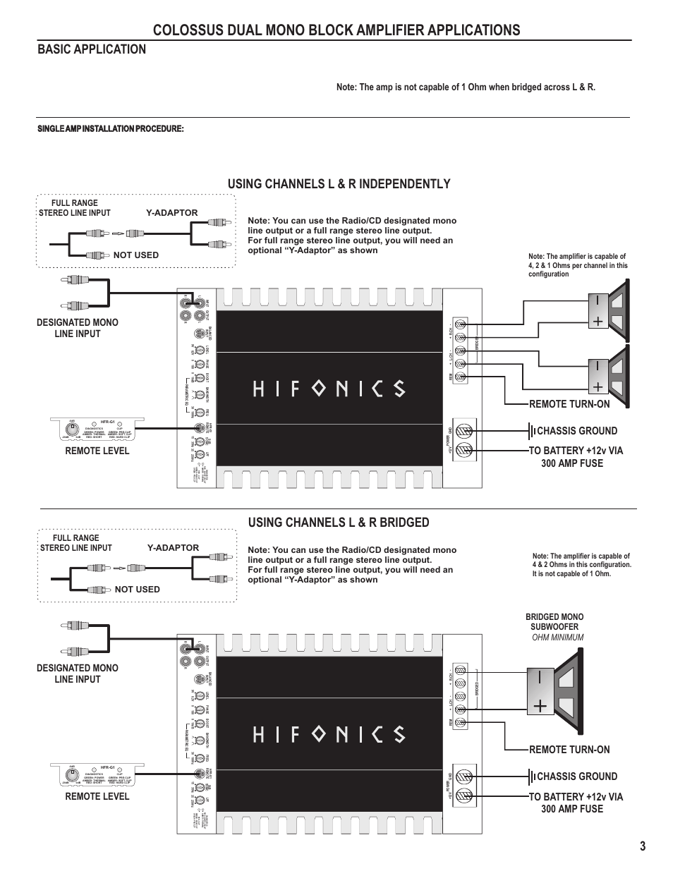 Colossus dual mono block amplifier applications, Designated mono line input, Remote level | Bridged mono subwoofer 2 ohm minimum | Hifionics Colossus User Manual | Page 5 / 12