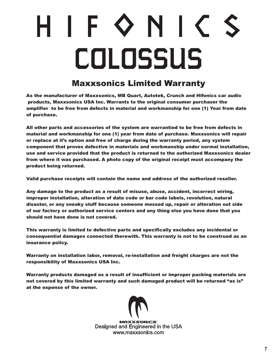 Colossus, Maxxsonics limited warranty | Hifionics Colossus User Manual | Page 9 / 12