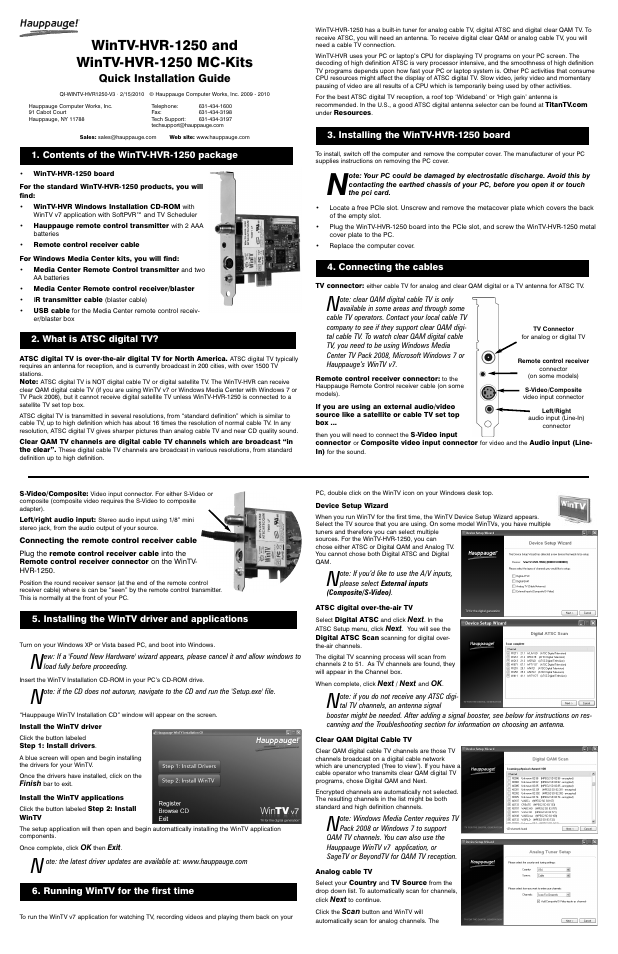 Hauppauge WINTV-HVR-1250 User Manual | 2 pages