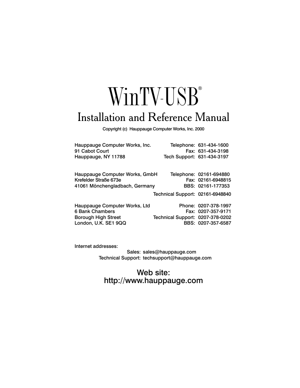 Wintv-usb, Installation and reference manual | Hauppauge WinTV USB User Manual | Page 2 / 59