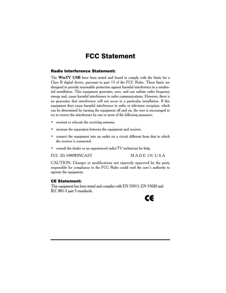 Fcc statement | Hauppauge WinTV USB User Manual | Page 3 / 59