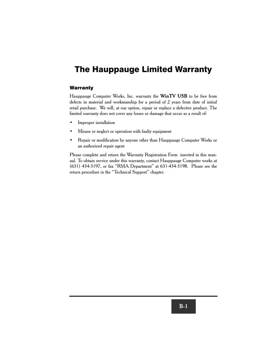 The hauppauge limited warranty | Hauppauge WinTV USB User Manual | Page 58 / 59