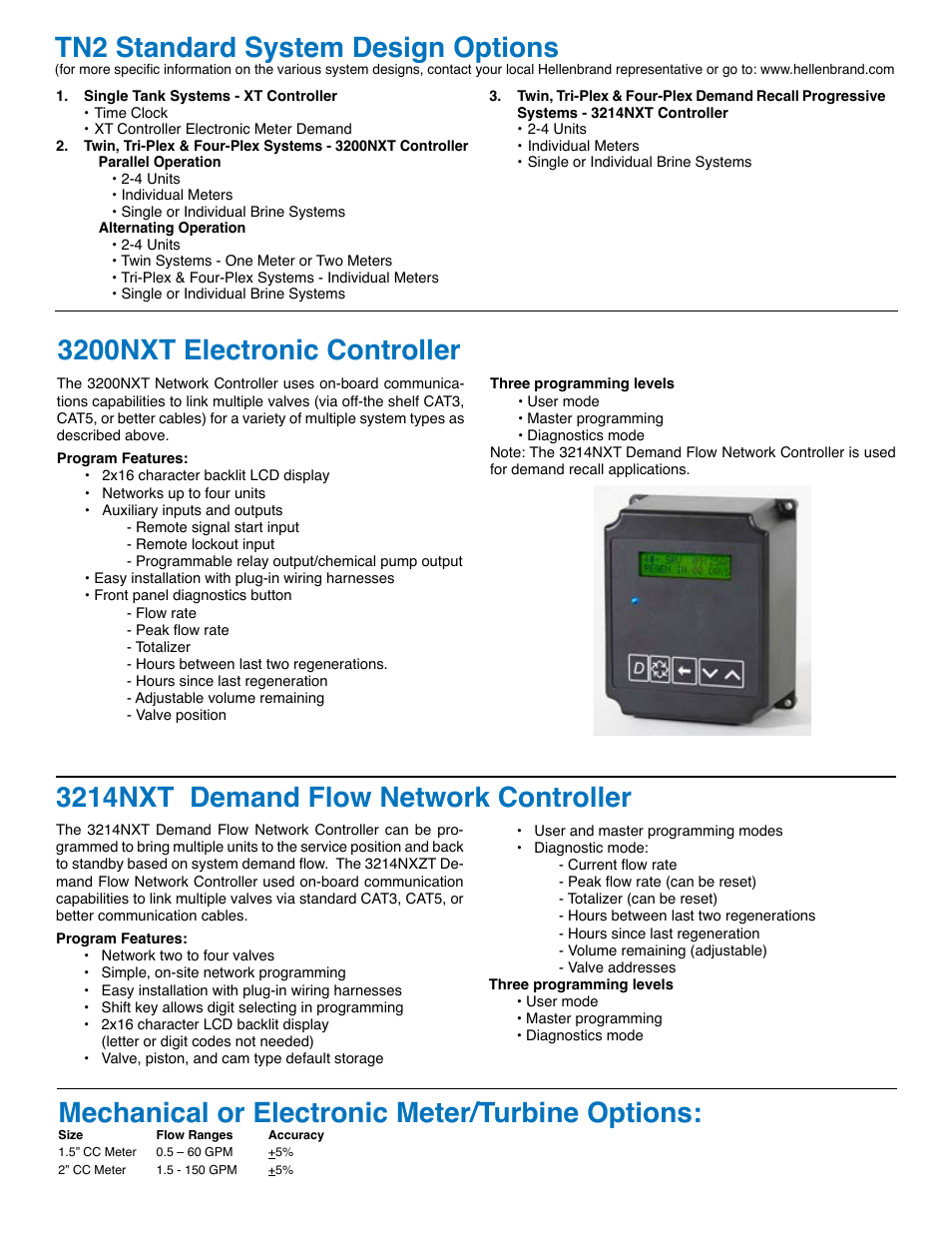 Tn2 standard system design options, Mechanical or electronic meter/turbine options, 3200nxt electronic controller | 3214nxt demand flow network controller | Hellenbrand TN2 Series User Manual | Page 3 / 4