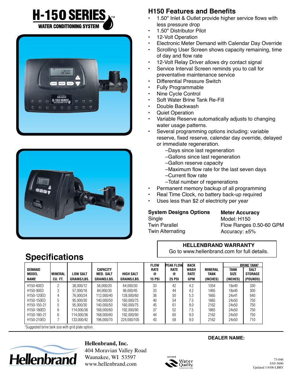 Specifications, H150 features and benefits | Hellenbrand H-150 Series User Manual | Page 2 / 2