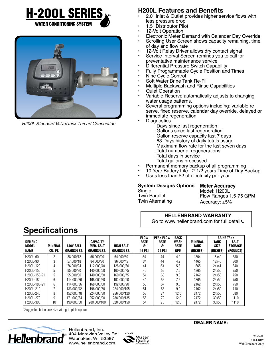 Specifications, H200l features and benefits | Hellenbrand H-200L Series User Manual | Page 2 / 2