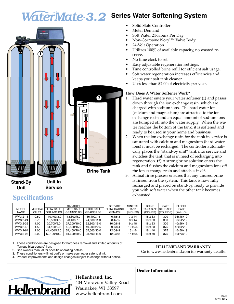 Specifications, Series water softening system | Hellenbrand WaterMate 3.2 User Manual | Page 2 / 2