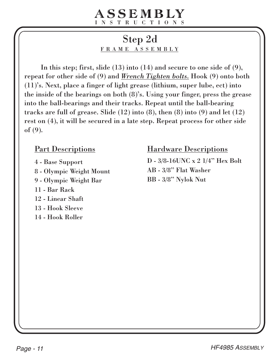 Step 2d, Part descriptions, Hardware descriptions | Hoist Fitness HF4985 User Manual | Page 12 / 32