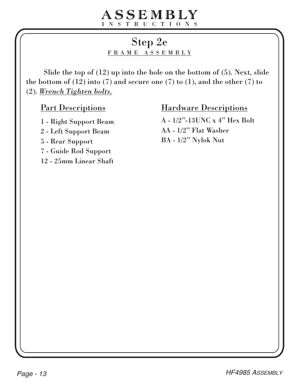 Step 2e, Part descriptions, Hardware descriptions | Hoist Fitness HF4985 User Manual | Page 14 / 32